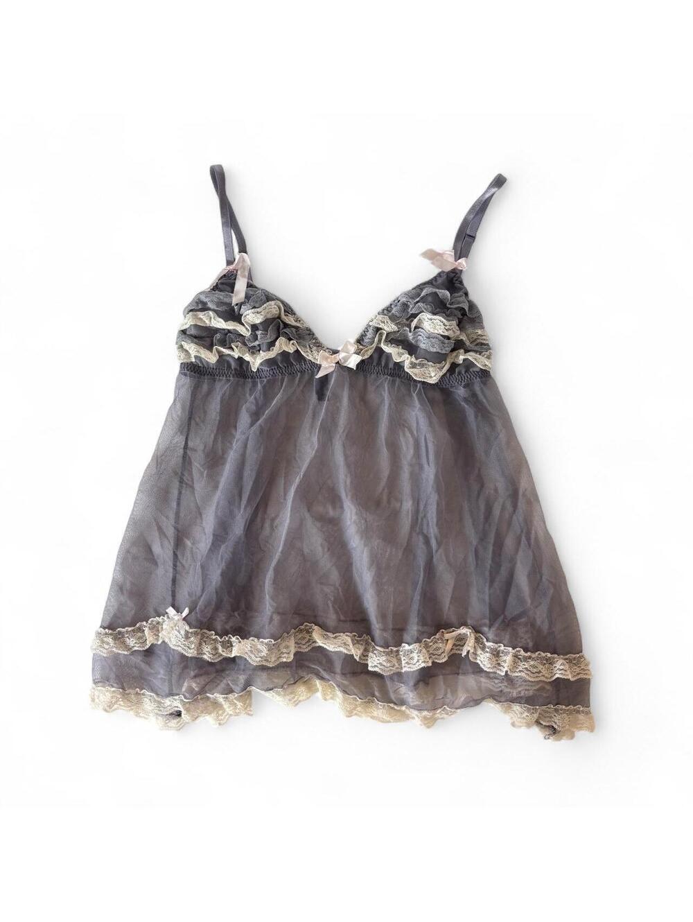 Vintage Fredericks of Hollywood Grey Mesh Lace Trim Babydoll Cami Top M/L